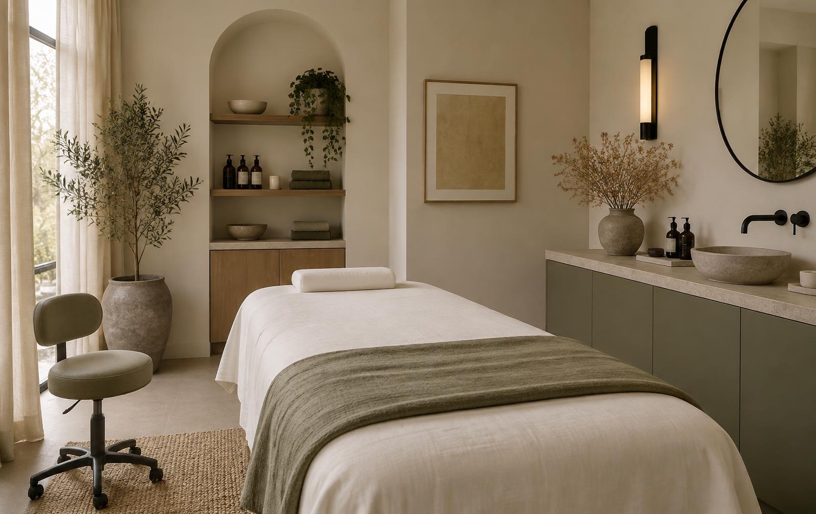 Softly lit esthetics treatment room with a linen-covered bed and warm neutral finishes