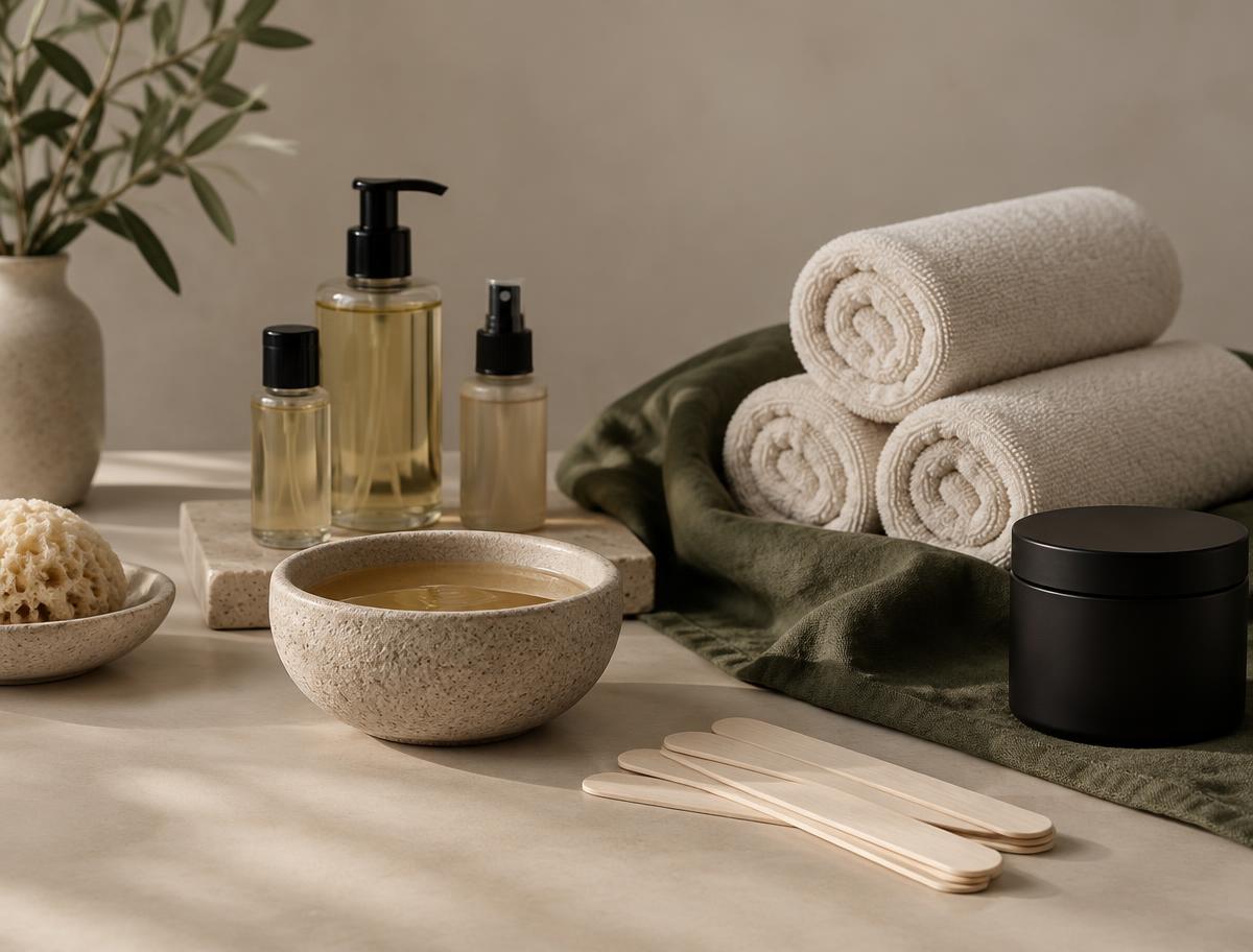 Rolled white towels and a bowl of salt scrub on a wooden bench