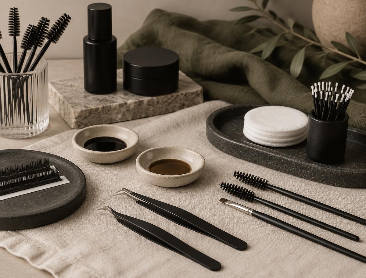 Lash and brow tools laid out on blush linen